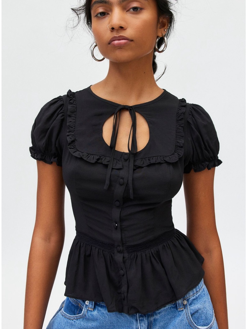 Black Puff-Sleeve Tie-Neck Peplum Top
